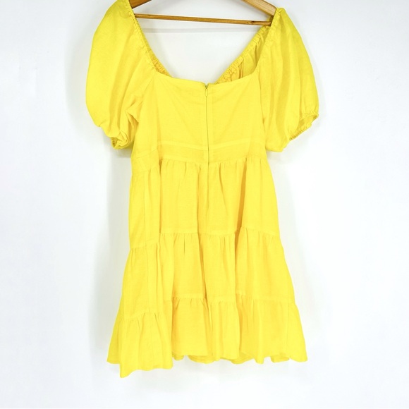 Chelsea & Violet Buttercup Yellow Linen Blend Tiered Puff Sleeve Mini Dress M - Picture 3 of 6